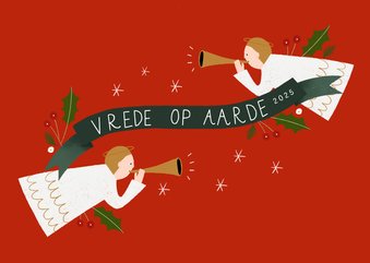 Christelijke kerstkaart met engeltjes en banner 2025