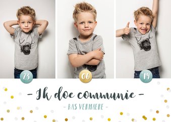 Communie fotocollage kaart jongen met goudlook confetti