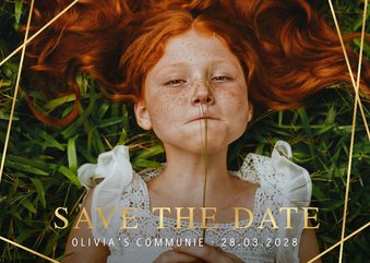 Communie Save the Date kaart met foto en geometrische lijnen