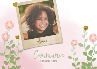 Communie uitnodiging foto waterverf bloemen en hartjes