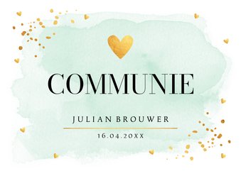 Communie uitnodiging groen watercolour hartje goud jongen
