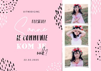 Communiekaart fotostrip met confetti aanpasbaar