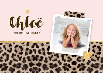 Communiekaart panterprint foto hartjes roze