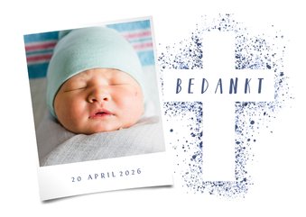 Doop bedankkaart foto blauw kruis verfspetters