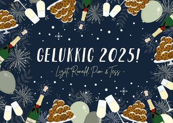 Feestelijke nieuwjaarskaart oliebollen, vuurwerk & champagne