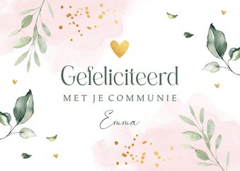 Felicitatie communie meisje waterverf roze bladeren