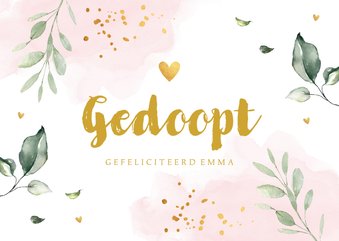 Felicitatie doopsel meisje botanische bladeren roze