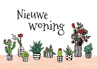 Felicitatie huis met plantjes en bloemen