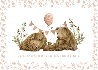 Felicitatiekaart derde kindje meisje met beren familie