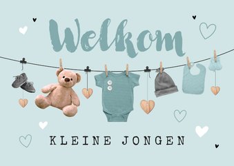 Felicitatiekaart geboorte jongen waslijn baby hartjes