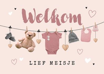 Felicitatiekaart geboorte meisje waslijn kleertjes teddybeer