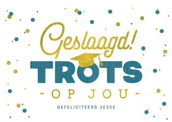 Felicitatiekaart geslaagd examen trots jongen confetti