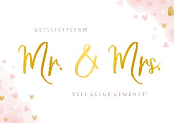 Felicitatiekaart getrouwd - mr. & mrs. waterverf en hartjes