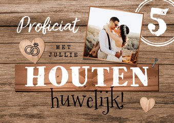 Felicitatiekaart houten huwelijk hout 5 jaar hartjes