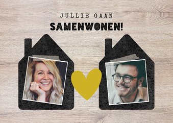 Felicitatiekaart 'samenwonen' met huisjes, foto's & hout