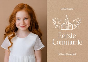 Felicitatiekaartje communie kraft met foto en kerkje