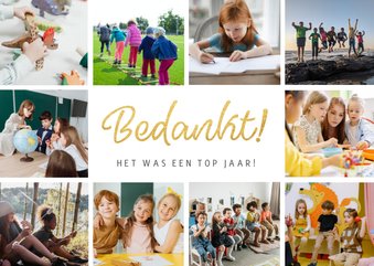 Fotocollage bedankkaart voor juf of meester met 10 foto's