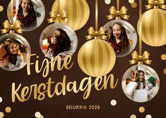 Fotocollage kerstkaart met gouden kerstballen en confetti