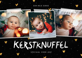 Fotocollage kerstknuffel met gouden hartjes