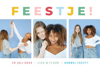 Fotocollage uitnodiging feestje met regenboog typografie