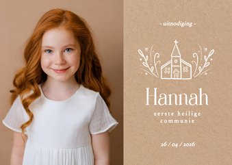 Fotokaart communie met lijntekening van kerkje op kraft