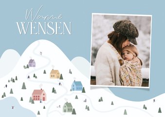 Fotokaartje kerst blauw met winter landschap met huisjes