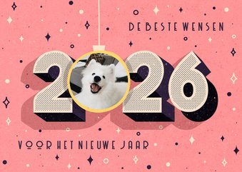Funky nieuwjaarskaart 2026 retro met foto in kerstbal