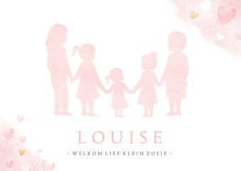 Geboortekaartje meisje met silhouet van 5 kinderen en hartje