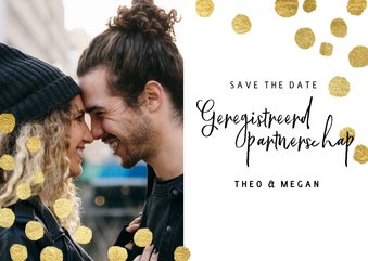 Geregistreerd partnerschap kerstkaart gouden confetti & foto