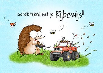 Geslaagd kaart met een egeltje en een bestuurbare auto