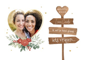 Getuige trouwkaart hertengewei bloemen hartjes goud