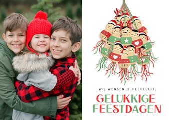 Gezellige kerstkaart met eigen foto en tros gelukspoppetjes