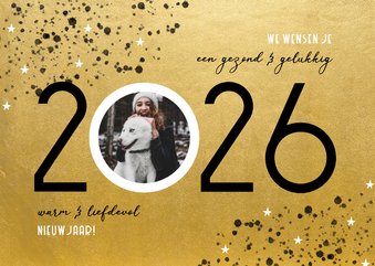 Goudlook nieuwjaarskaart 2026 spetters sterren en foto
