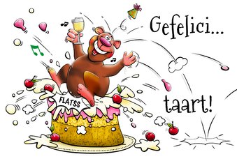 Grappig kaart met olifant die in een grote taart springt,