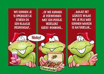 Grappige kaart met kikkers, die je fijne kerstdagen wensen