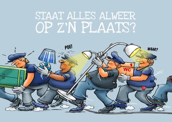 Grappige verhuiskaart met mannetjes die meubels dragen