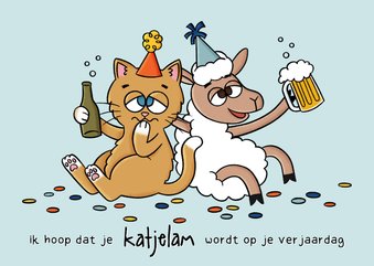 Grappige verjaardagskaart katjelam met bier en confetti