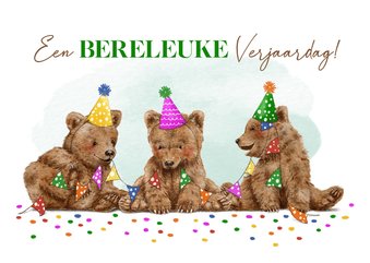 Grappige verjaardagskaart kind met beertjes en slingers