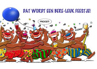 Grappige verjaardagskaart met 6 beren die plezier maken
