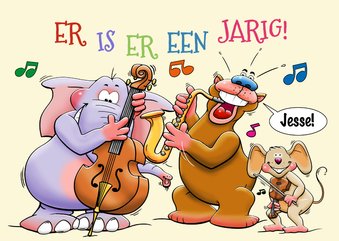 Grappige verjaardagskaart met dieren die muziek maken