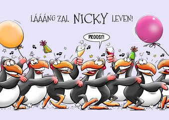 Grappige verjaardagskaart pinguïns met ballonnen en drankje