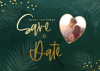 Groene savethedate kerstkaart met confetti en eigen foto