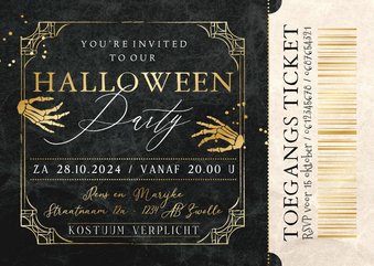 Halloweenfeest uitnodiging ticket skelethand goud