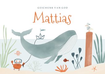 Hip geboortekaartje onderwater walvis dieren illustratie