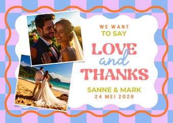 Hippe bedankkaart love&thanks trouwdag met wave en blokjes