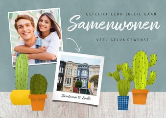 Hippe felicitatiekaart met cactussen, hout en foto's