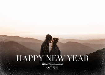 Hippe fotokaart in kerstsfeer met happy new year 2026