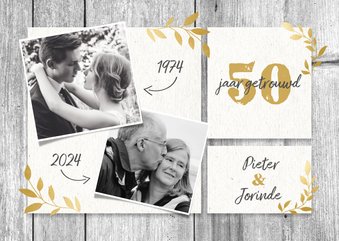 Hippe jubileumkaart 50 jaar met hout, gouden takjes & foto's