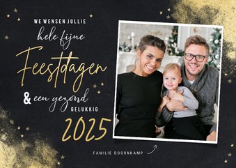 Hippe kerstkaart krijtbord met goudlook foto en typografie