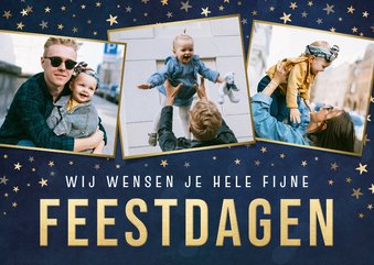 Hippe kerstkaart met goudlook sterren en 3 eigen foto's